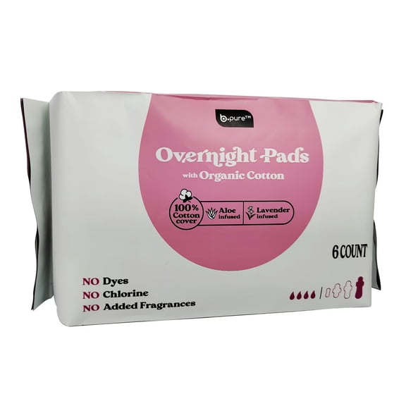 B Pure Organic Overnight Pads, Aloe & Lavender, Ultra Absorbent, 6 Count Pack