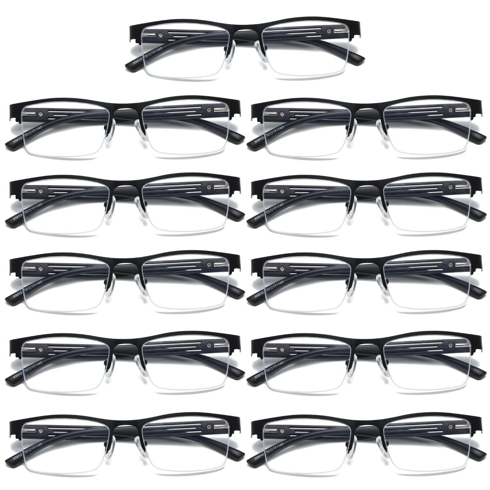 B & Q 11 PK Mens Reading Glasses Spring Hinge - Square Metal Half-Frame - Blue Light Blocker Readers +0.75