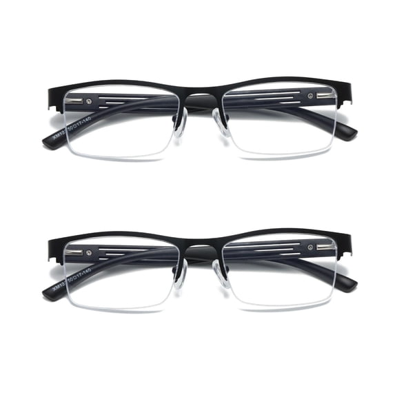 B & Q 2 PK Men's Reading Glasses Spring Hinge - Square Metal Half-Frame - Blue Light Blocker Readers +2.50