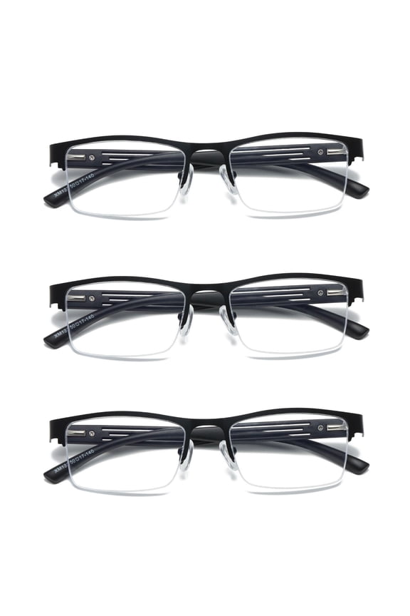 B & Q 3 PK Mens Reading Glasses Spring Hinge - Square Metal Half-Frame - Blue Light Blocker Readers +4.00