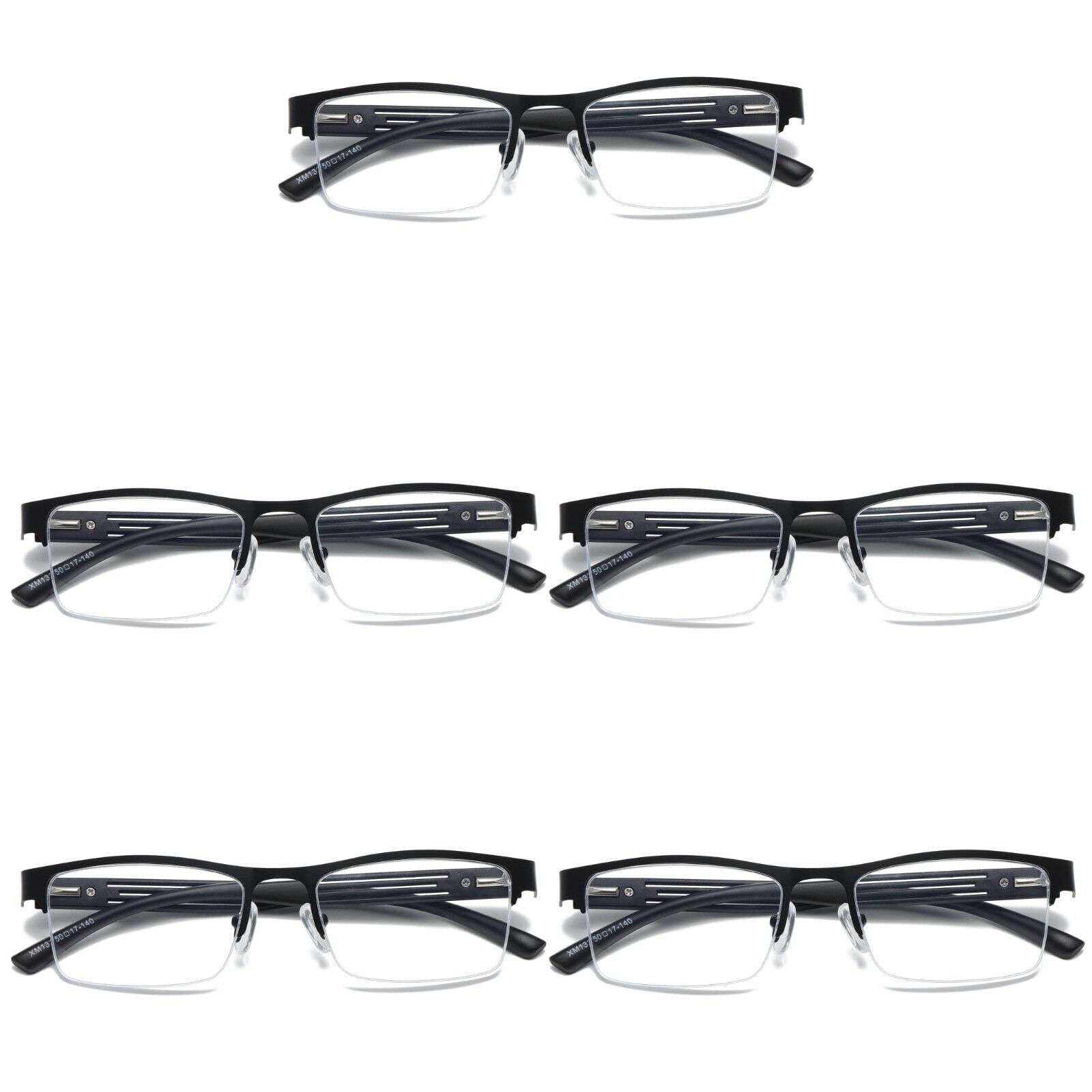 B & Q 5 PK Mens Reading Glasses Spring Hinge - Square Metal Half-Frame - Blue Light Blocker Readers +3.50