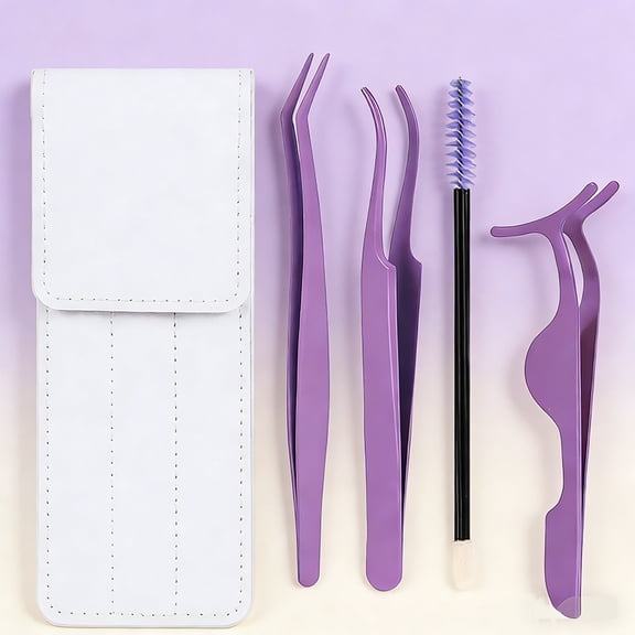 B&Q Eyelash Applicator Tool Kit, Lash Tweezers for Extensions Application and Removal (Purple)