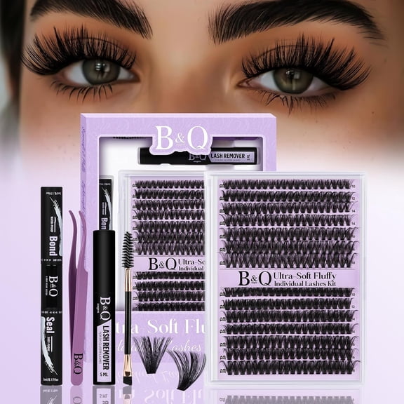 B&Q Fluffy Lash Clusters Thick 200D, Volume Eyelash Clusters 10-18mm, D Curl Cluster Eyelash Extensions, Supersoft Individual Lashes Wispy Cluster Lashes Dramatic Full Look Eyelash（200D）