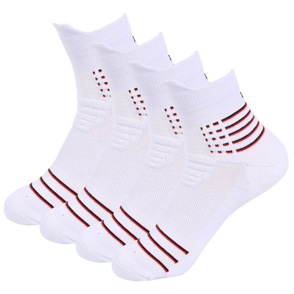 B&Q Mens Mid Cut Quarter White Athletic Cotton Breathable Performance Comfort Cushion Casual Ankle Socks, 4 pairs