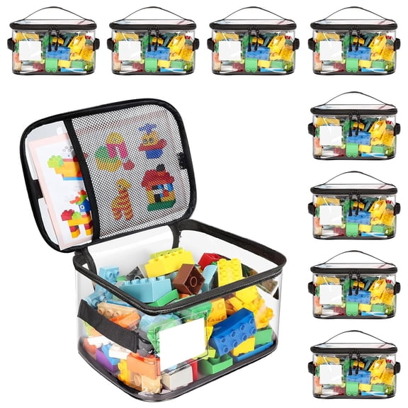 B-Qtech 8 Pack Clear PVC Toy Storage Bags - Waterproof Organizer with Name Tag & Manual Pocket for Legos, Beyblades, Puzzles, Building Blocks