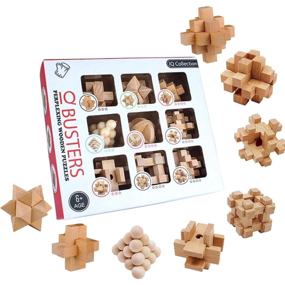 B-Qtech Brain Teaser Puzzles Game for Adults & Kids, Wooden Brain Games 3D Unlock lnterlock Puzzle Logic and IQ Game Test Toy for Teens for Party & Office9 PCS