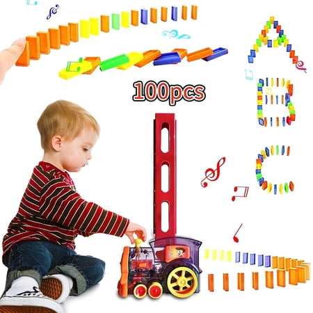 B-Qtech Domino Train, 100PCS,Building Blocks Toys for Kids Ages 3-12, ,Domino Rally Electric Train Set with Family, Automatic Domino Train Set Kids Toy with Light and Sound Construction