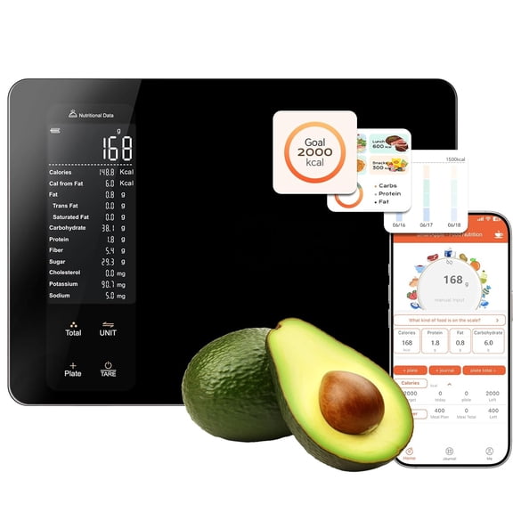 B-Qtech Smart Food Scale with Nutritional Calculator, Digital Kitchen Scale for Weight Loss, Calorie Tracker, 22lb Capacity, Meal Prep (Black)