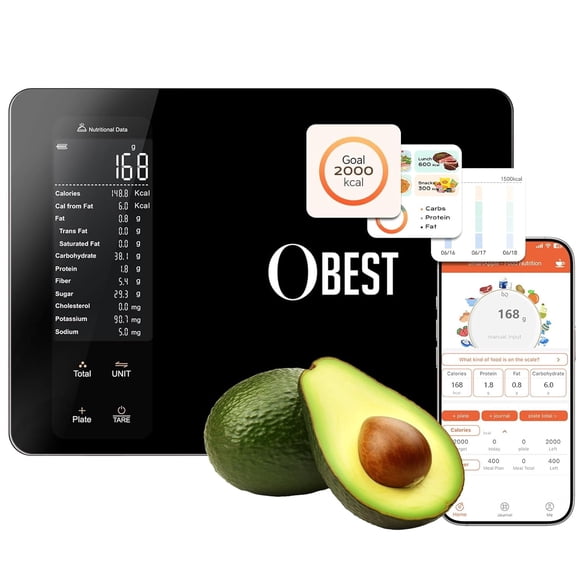 B-Qtech Smart Food Scale with Nutritional App, Calorie Tracker, 22lb Capacity for Meal Prep (Black)