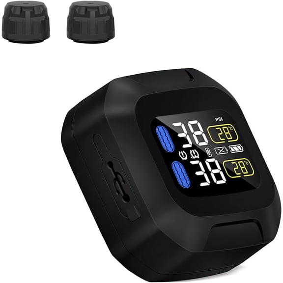 B-Qtech Upgrade Motorcycle TPMS Tire Pressure Monitor System with 2 External Sensors, USB Rechargeable IP67 Waterproof Motorcycle TPMS, LCD Display Motorbike Tyre Temperature Alarm