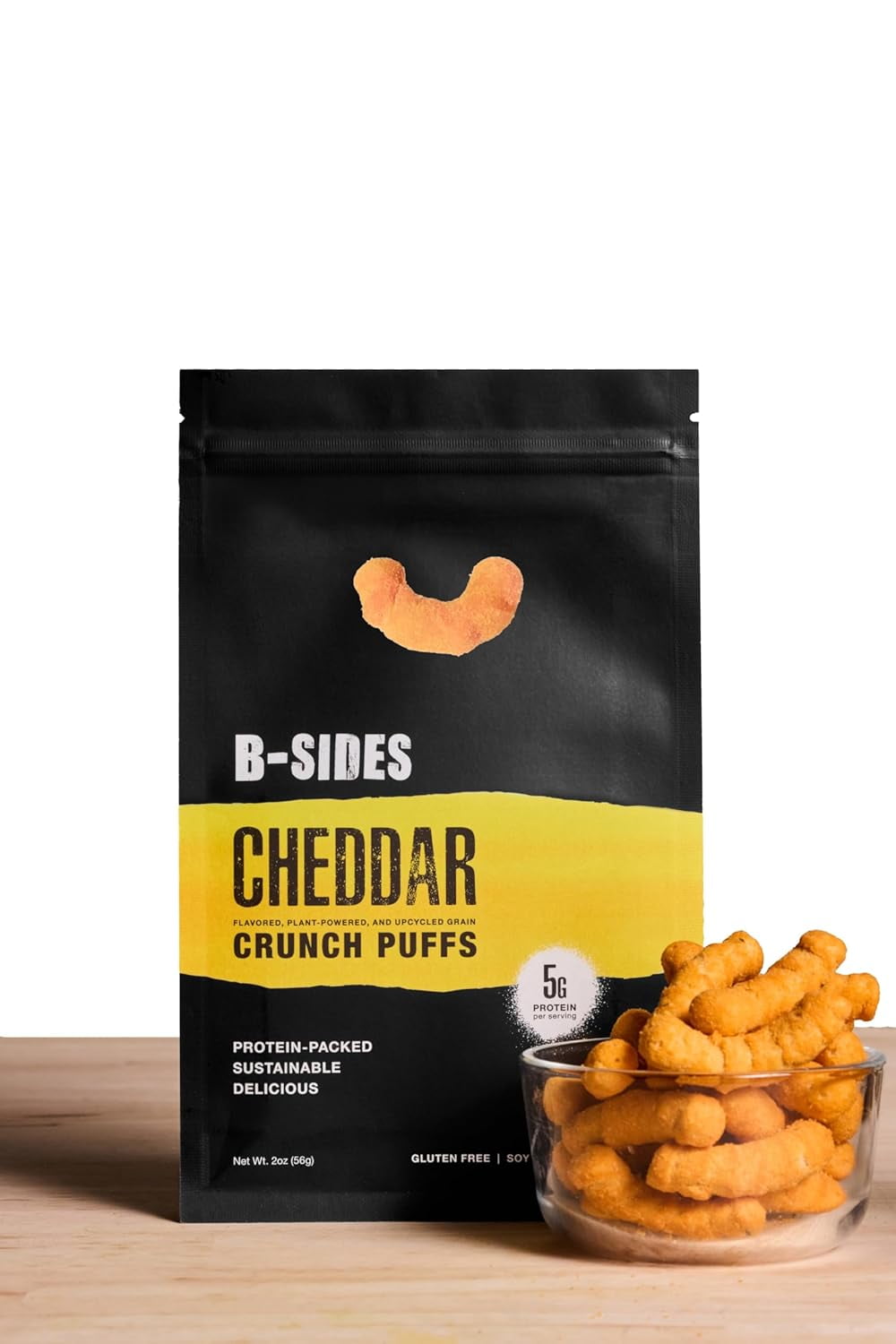 B-SIDES Cheddar Crunch Puffs - 10g Protein, Gluten-Free, Upcycled Snack, 2 Servings Per Pouch - Savory Cheddar Cheese Flavor