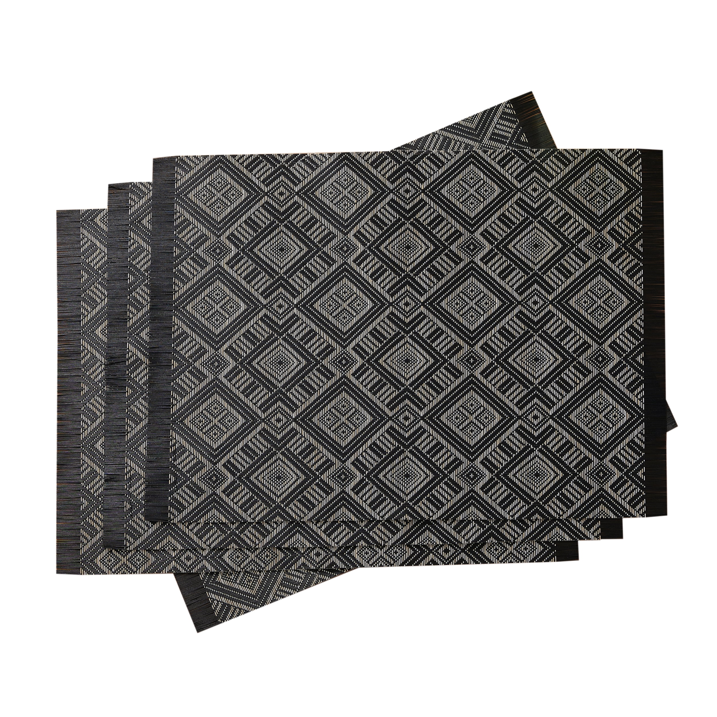 B. Smith Vinyl Woven Diamond Print Placemats, Black and Ivory (4 Pack) , 13" x 18"