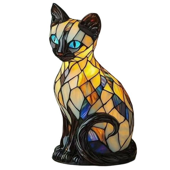 B Stained Glass Cat Lamp Resin Table Lamp With Usb Warm Light for Bedroom Cat Lovers Gift