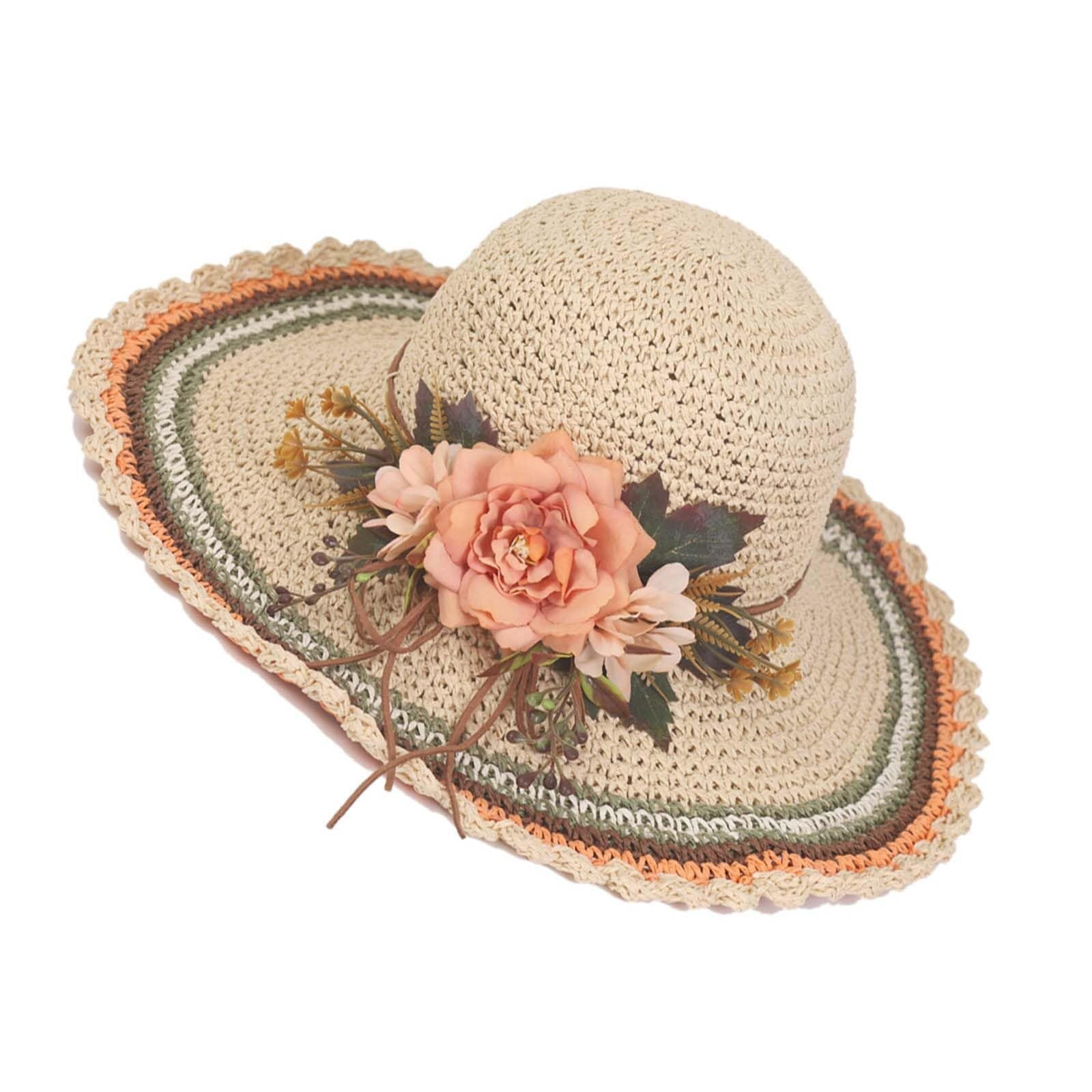 B Sun Hats for Women Beach Hats Wide Brim Sun Straw Hat Handmade Flower ...