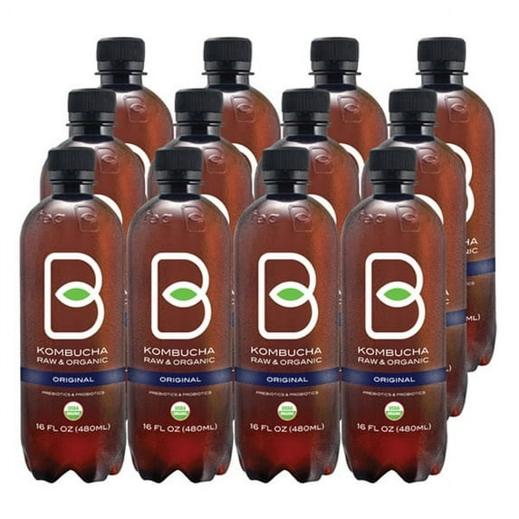 B-TEA Kombucha Raw & Organic Original Tea 16 oz Plastic Bottles - Pack of 12