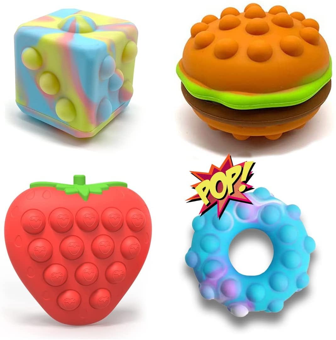 B-THERE 3D Pop It Fidget Set of 4, Silicone Push Bubble Toys, Hamburger  Strawberry, Dice, Circle Stress Relief Ball, Sensory, Hand, Adult Kids