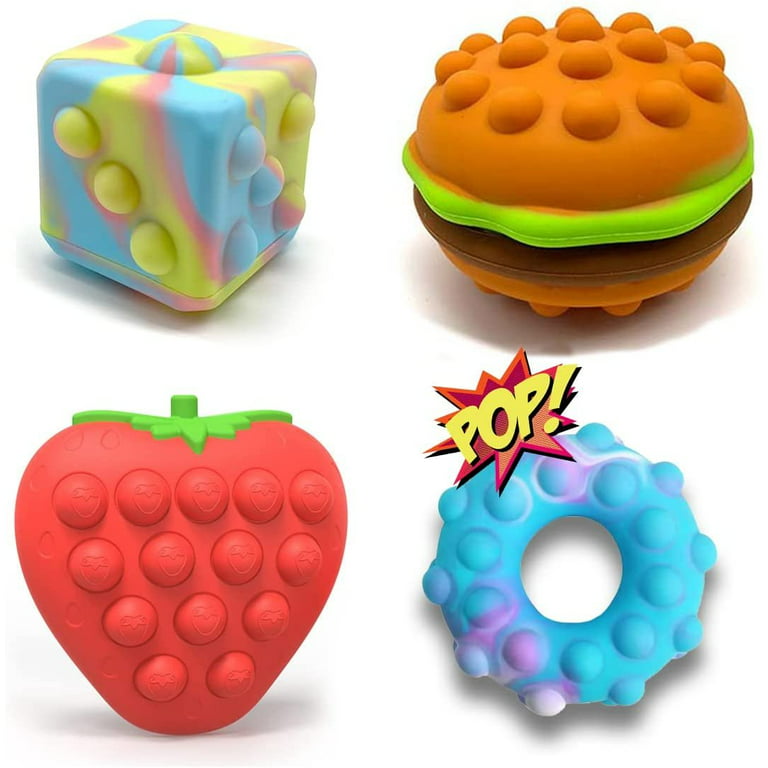 B-THERE 3D Pop It Fidget Set of 4, Silicone Push Bubble Toys, Hamburger  Strawberry, Dice, Circle Stress Relief Ball, Sensory, Hand, Adult Kids,  Relief, Bubbles, Educational, Poppers 