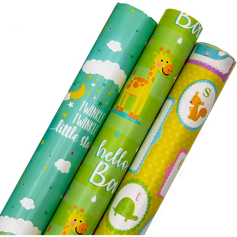 CENTRAL 23 Baby Wrapping Paper Girl Boy - 6 Sheets Green Gift Wrap - Cute  Animals - For Birthday Baby Shower - Comes With Fun Stickers
