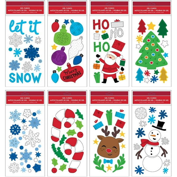 B-THERE Bundle of Merry Christmas Holiday 5.5" x 12" Window Gel Clings, Snowman, Snowflakes, Santa Claus, Trees, Ornaments and More