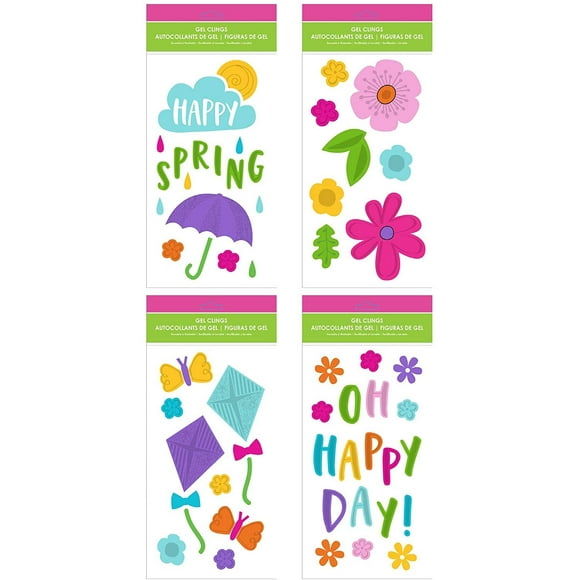 B-THERE Spring Window Gel Clings Decorations - Pack of 4 Sheets with Butterflies, Kites, Flowers and More