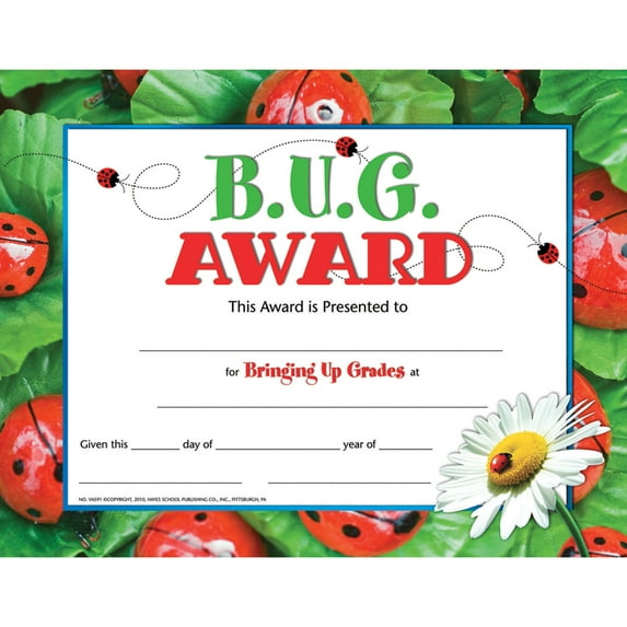 Hayes B.U.G. Award Certificates, 8 1/2" x 11", Green/Red, 30 Certificates Per Pack, Bundle Of 6 Packs