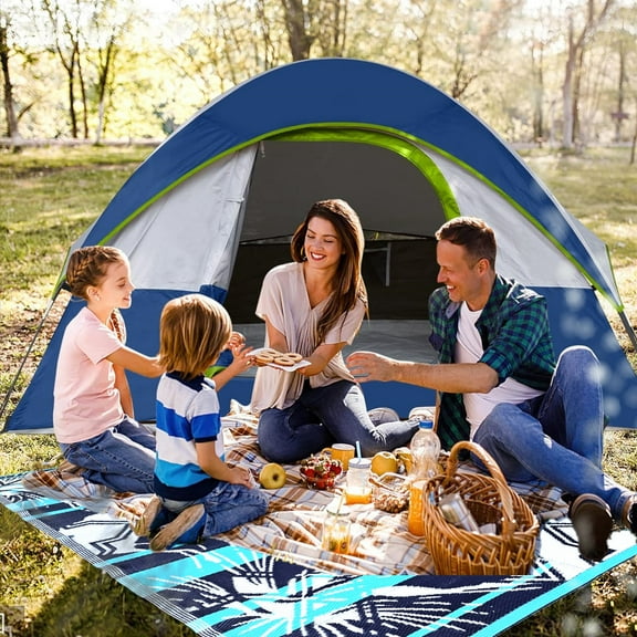 BalajeesUSA Reversible Eco-friendly Polypropylene Patio Camping Mat, 6' x 9', Blue Geometric Floral Design