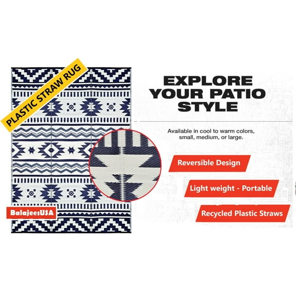 BalajeesUSA Outdoor Patio Reversible Waterproof Portable Straw Rugs, 9x18, Dark Blue Grey, Picnic Beach Camping Mat