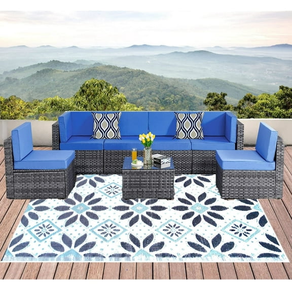 BalajeesUSA Outdoor Rug 6x9 Sky Blue Grey Reversible Recycled Plastic Waterproof UV Durable Easy Clean