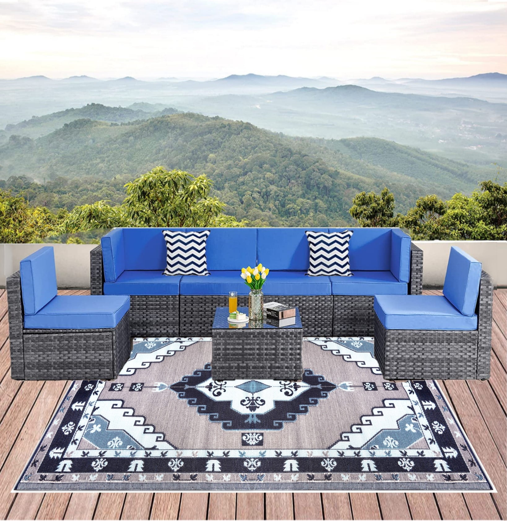 6' x 9' Navy Blue and White Synthetic Reversible Outdoor Rug