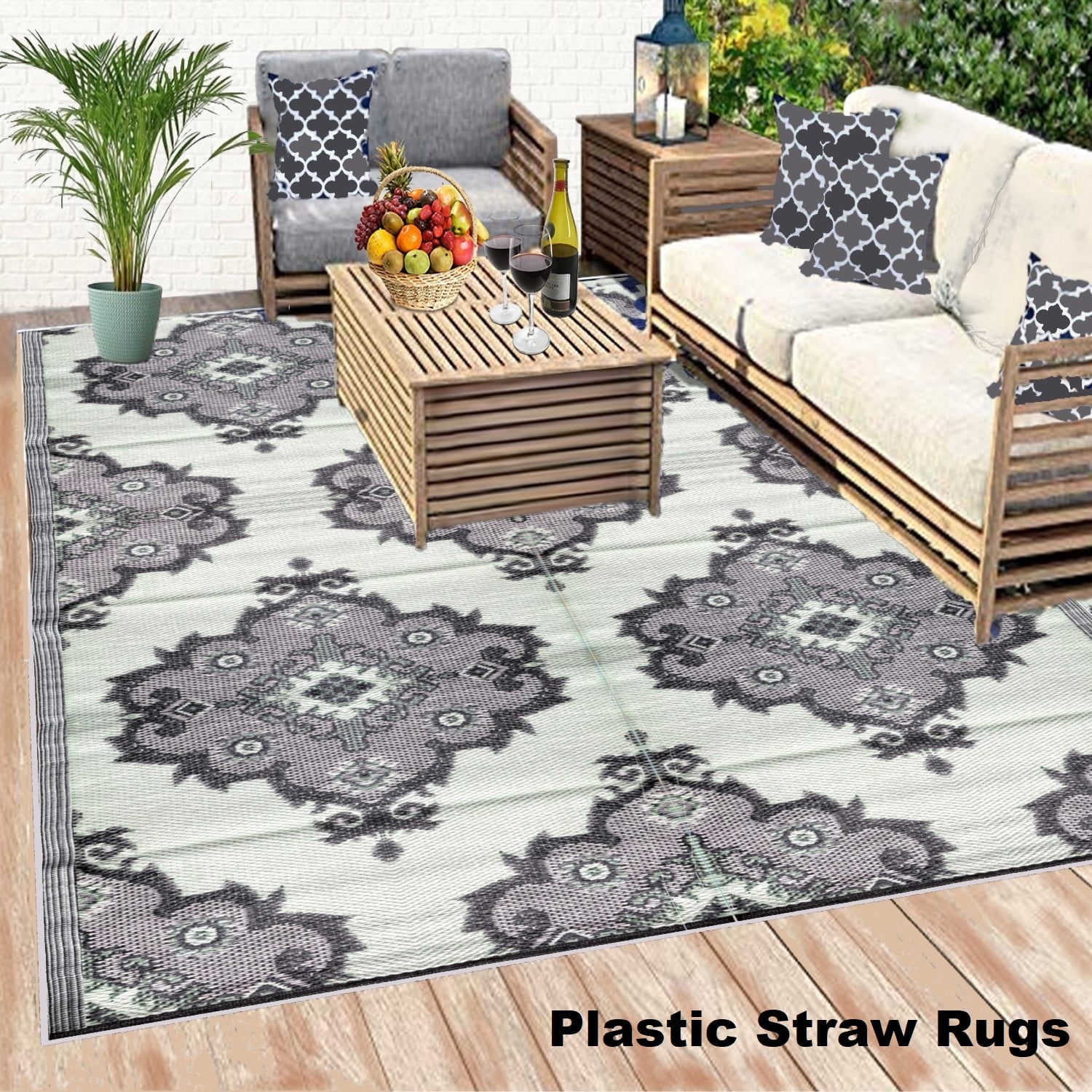 BalajeesUSA Outdoor Rugs Plastic Straw Patio Mat 6' x 9' Grey Green Reversible Portable Waterproof RV Camper