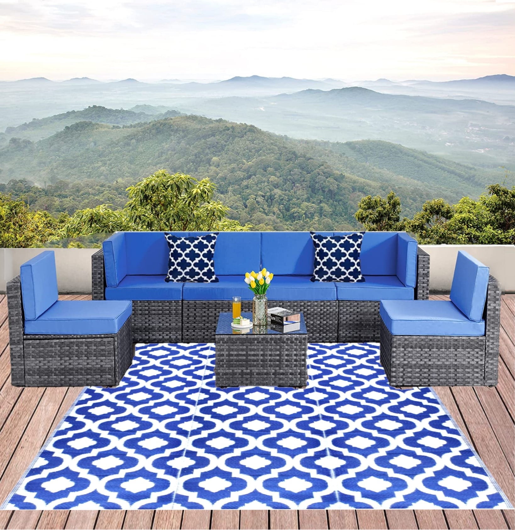 Blue and White Moroccan Pattern 9' x 12' Reversible Synthetic Outdoor Rug