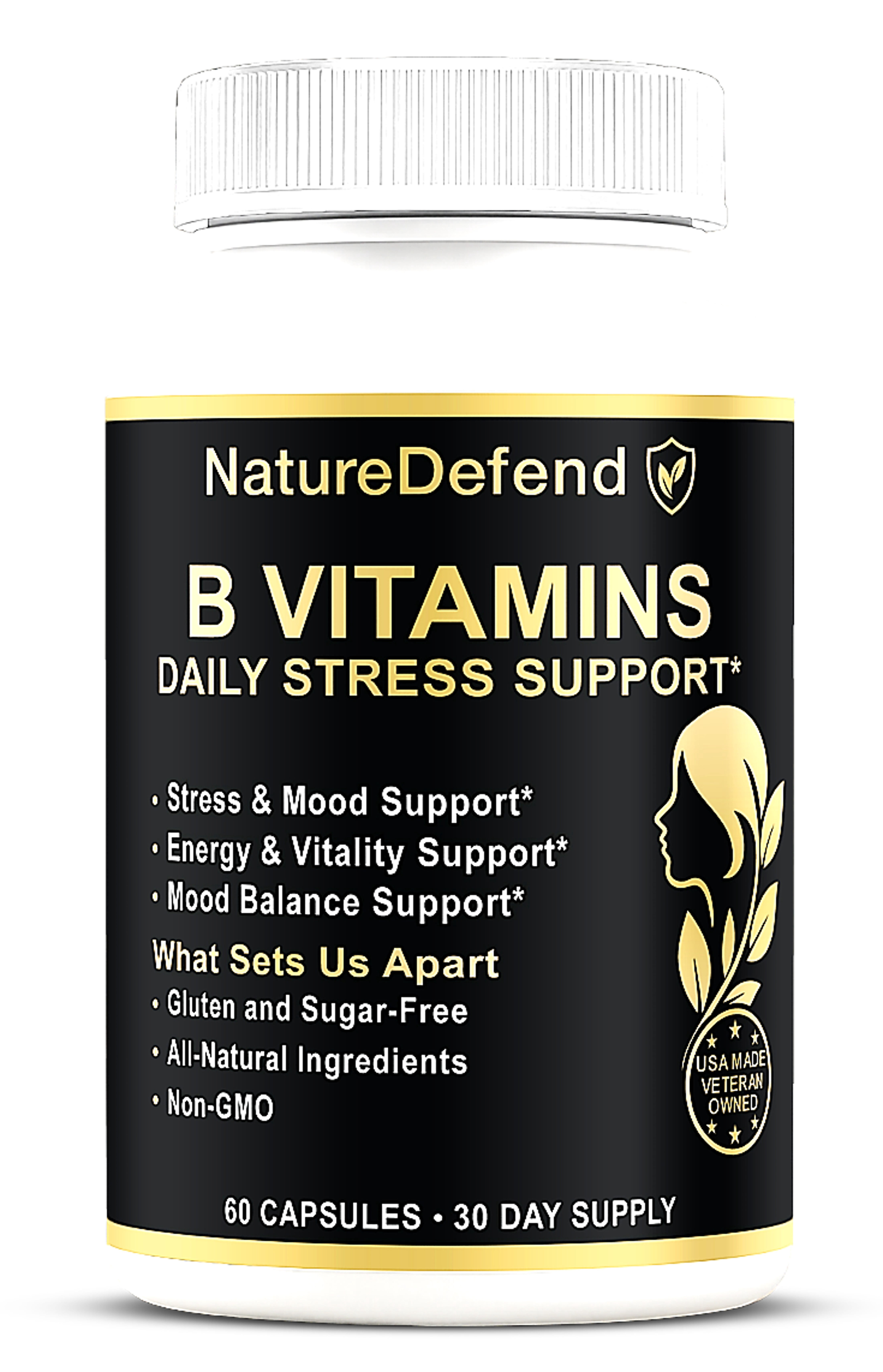 NatureDefend Stress Support Complex Supplement, B-Vitamins & St. John’s Wort, 60 Capsules, Veteran-Owned, USA Made