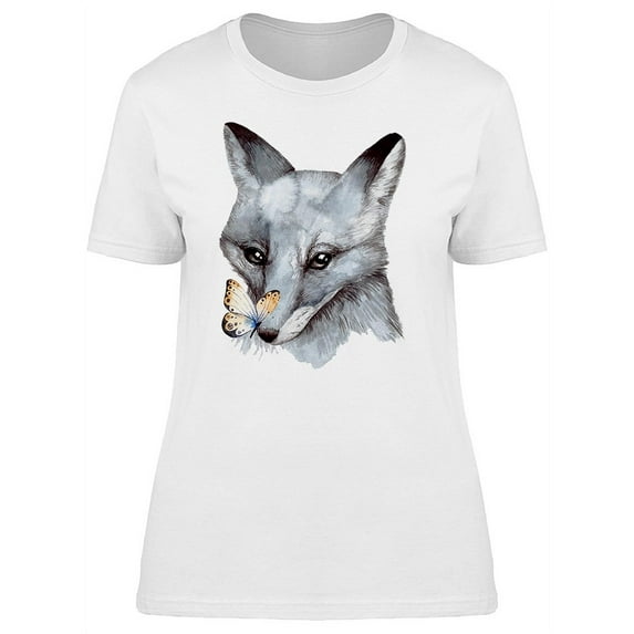 B&W Fox Head With Butterfly T-Shirt Women -Image by Shutterstock, Female Large