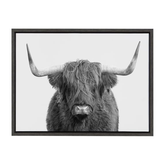 B&W Highland Cow No. 1 24 in x 18 in Framed Painting Canvas Art Print, by Kate and Laurel