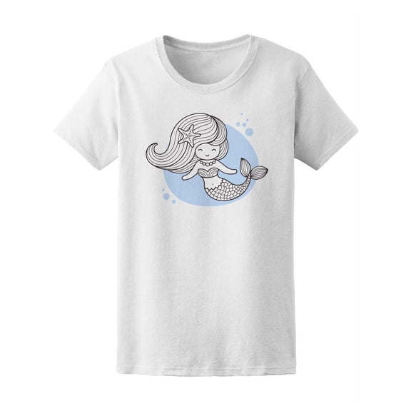 B&W Long Curly Hair Mermaid T-Shirt Women -Image by Shutterstock, Female x-Large