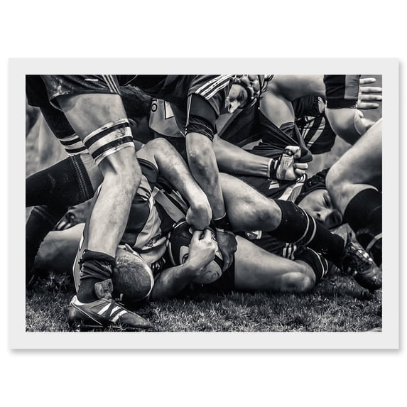 B&W Rugby Match Close Up Scrum Teams HDR A4 Artwork Framed Wall Art Print
