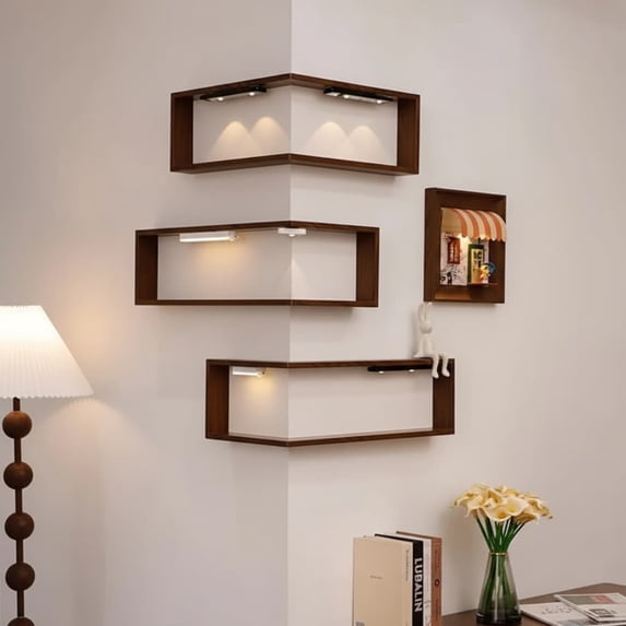 B 3Pcs Wall Corner Shelf With Led Light, Floating Shelves And Wood Material For Bedroom, Bathroom, Kitchen Storage 10X6X4In 1.8Lb