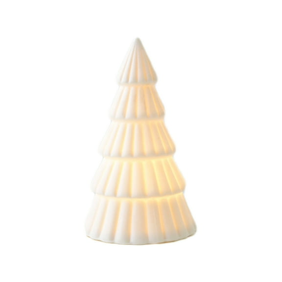B White Ceramic Christmas Tree Desktop Ornament Holiday Home Decor Small Scene Layout Prop With Detachable Led Lights 4.9X3 Inches