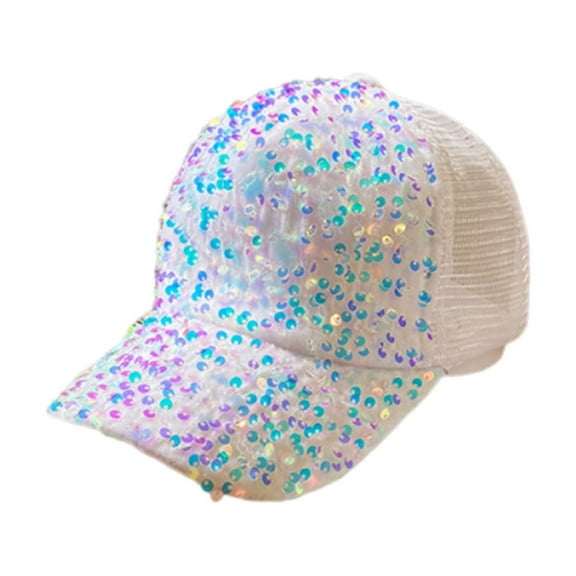 B White Full Sequins Baseball Cap For Women Adjustable Mesh Sun Hat For Travel
