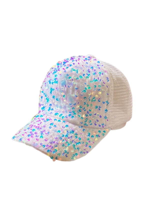 B White Full Sequins Baseball Cap For Women Adjustable Mesh Sun Hat For Travel