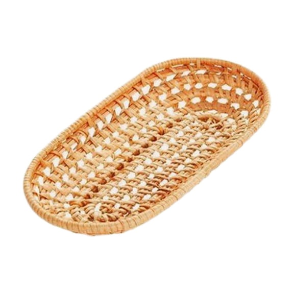 B Wooden Wicker Basket, Rattan Woven Storage Container For Bread Fruit And Snacks, Natural Grain Design For Kitchen And Dining Table, 7X3.5X1In