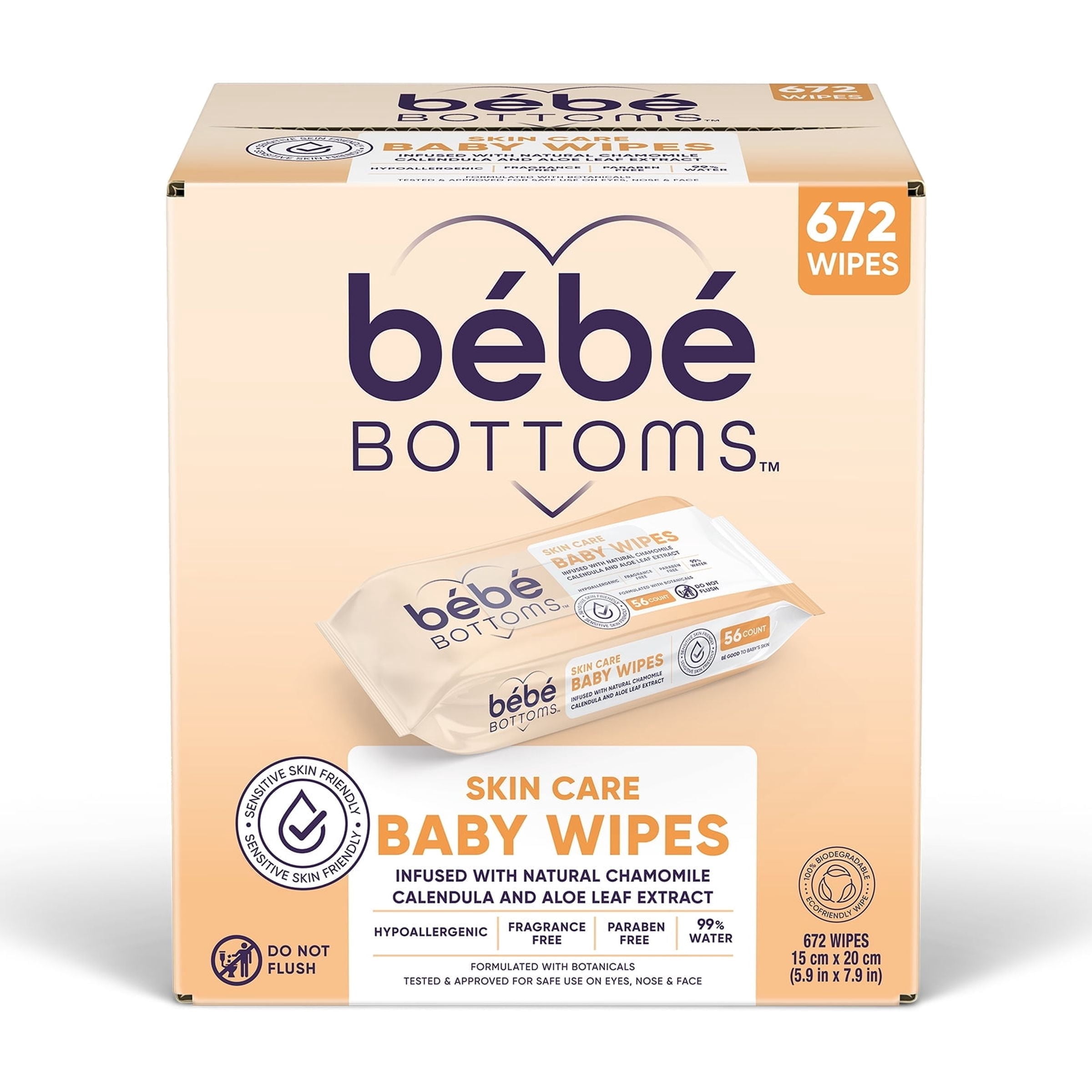Bébé Bottoms Facial Cloth and Baby Wipe | Hypoallergenic, Fragrance & Paraben Free | Sensitive Skin Friendly | Infused with Natural Chamomile Calendula and Aloe Leaf Extract | 672 Count