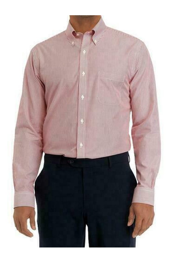 B by Brooks Brothers Regular Fit Non-Iron Stripe Dress Shirt Red-16.5 32/33
