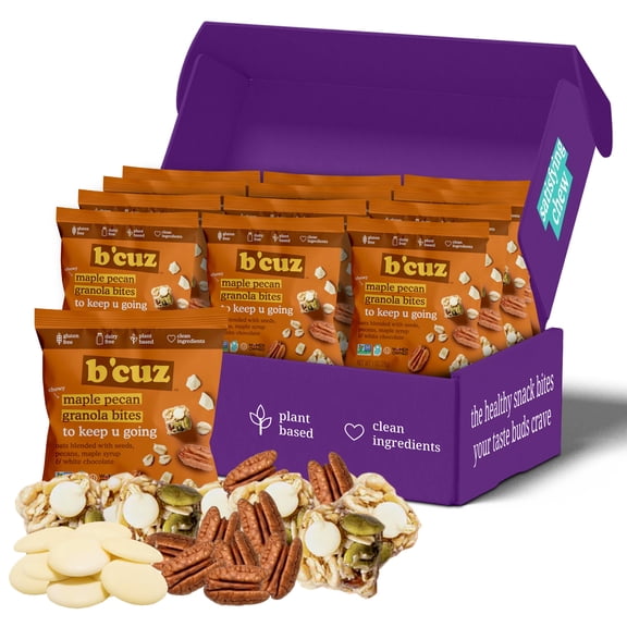 Bcuz Maple Pecan Granola Bites Box, Gluten Free, Dairy Free, Vegan & Kosher Healthy Oat Snacks, Pecans Maple White Chocolate, On-the-Go Breakfast Snack Packs for Kids & Adults, 1 oz Each (12 Pack)