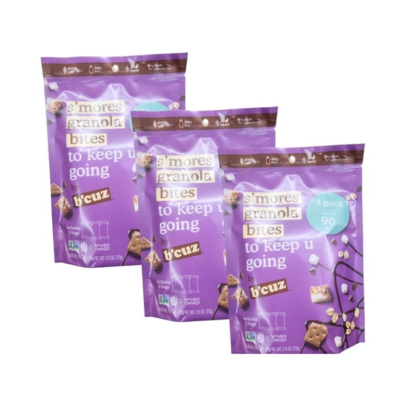 Bcuz Smores Granola Bites Snack Packs, Gluten Free, Dairy Free, Plant Based, Under 90 Calories, 2.5 oz Bags (3 Pack)