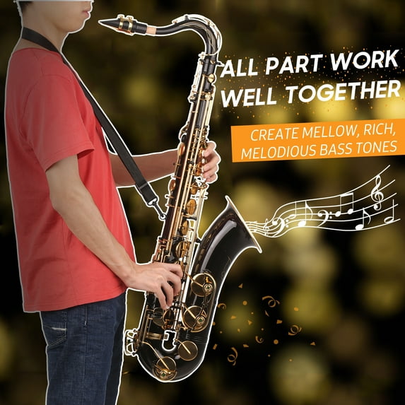 B-flat Tenor Saxophone Bb Black Lacquer Sax with Instrument Case Mouthpiece Reed Neck Strap Cleaning Cloth Brush for Musicians Beginners