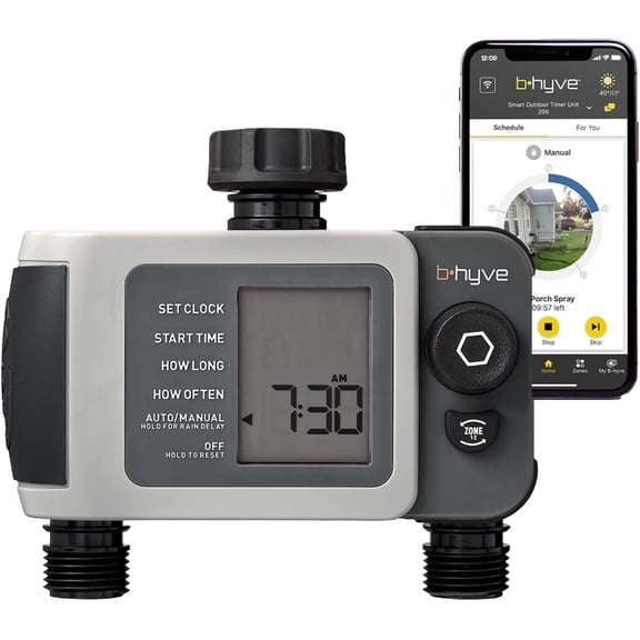 B-hyve XD 2-Port Smart Hose Watering Timer - Features Dual Outlet Irrigation Control - App Controlled Watering Timer with Bluetooth - Weatherproof Battery Powered - 24632