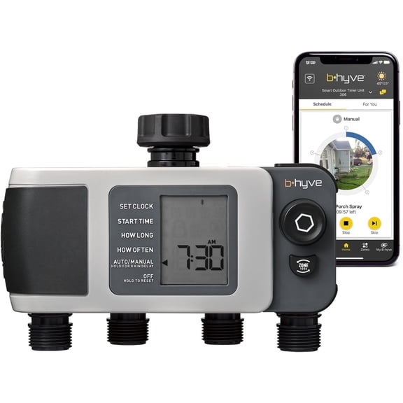 B-hyve XD 4-Port Smart Hose Watering Timer - App Controlled - Smart WeatherSense - Bluetooth Sprinkler Timer with Remote Control - Multi Outlet Yard Irrigation System - 24634