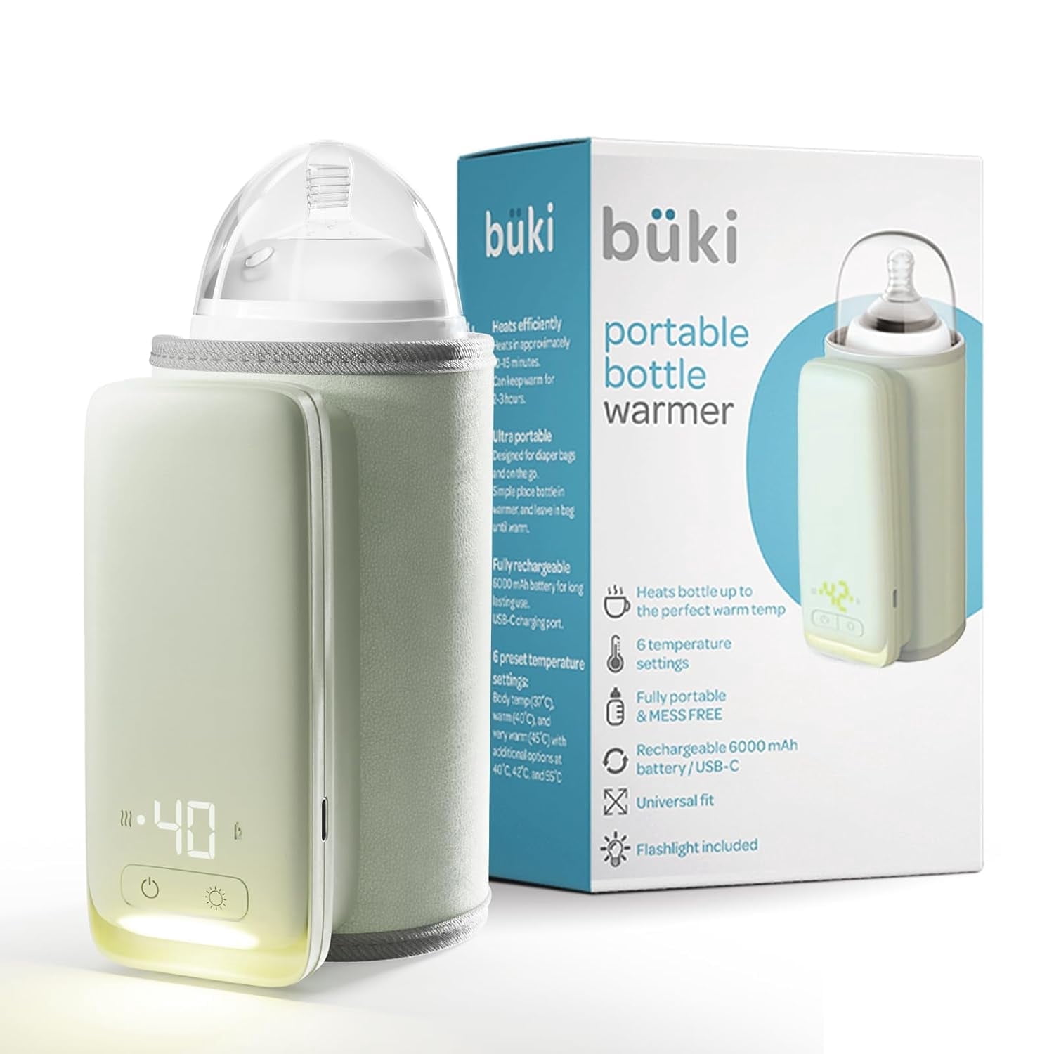Büki Portable Bottle Warmer for Breastmilk or Baby Formula, Fast-Heating, Leak-Proof, Rechargeable