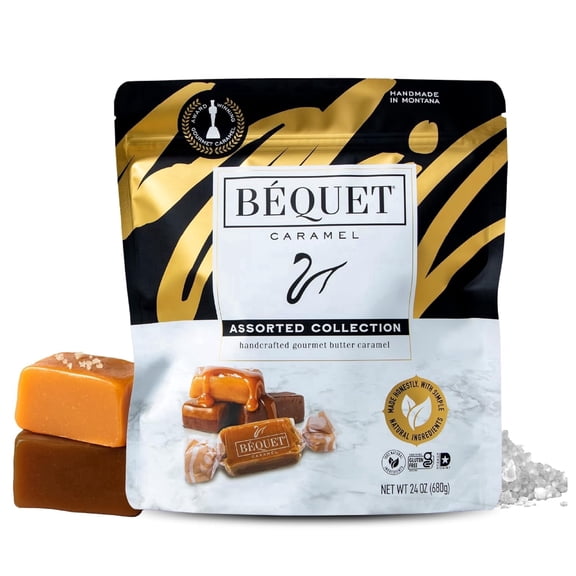 Béquet Assorted Caramels - Gourmet Individually Wrapped Candy Variety Pack - Celtic Sea Salt, Salt Chocolate, Vanilla, Butterscotch, Green Apple, Mocha & Salted Butterscotch - 24 oz Resealable Pouch